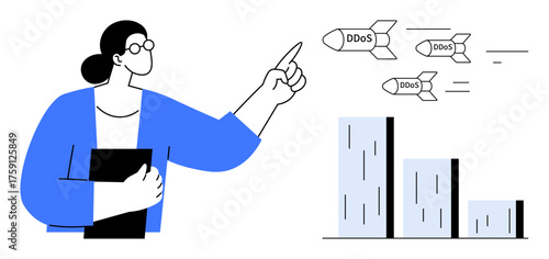 Business professional pointing at DDoS-labeled missiles targeting bar charts representing infrastructure. Ideal for cybersecurity, risk management, IT protection, business continuity, network safety
