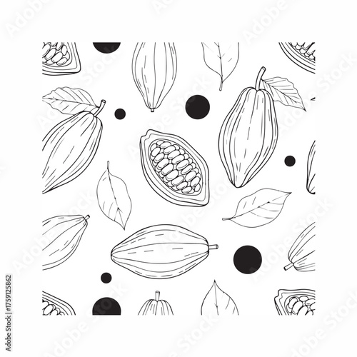 Vector seamless pattern with hand-drawn cacao pods, beans, and leaves. Monochrome chocolate fruit background.