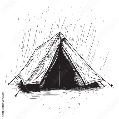 pencil sketch outline illustration of light rain on the tent roof