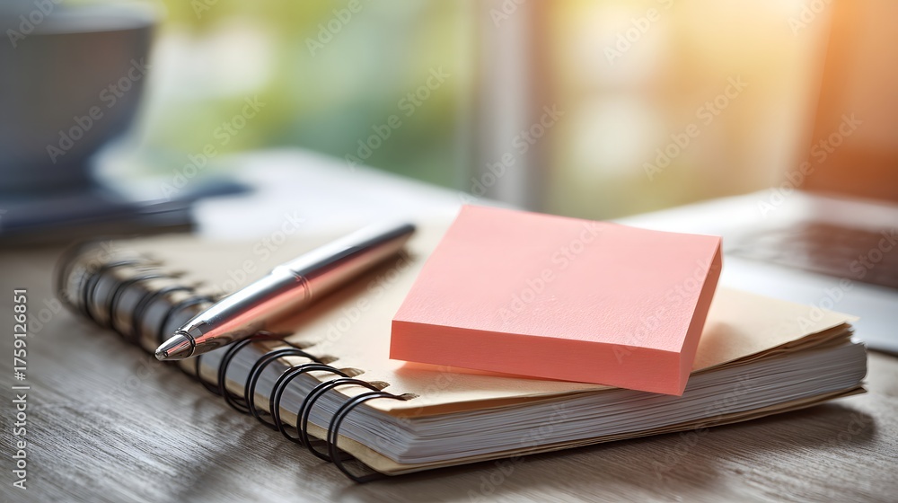 Naklejka premium Pen and pink sticky notes rest on a notebook on a wooden desk.