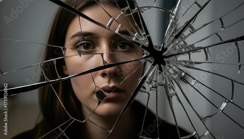 A young woman gazes through a shattered, cracked glass surface, creating a fragmented reflection.