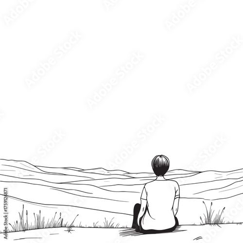 sketched outline vector illustration art of scenic overlook with hikers admiring the view