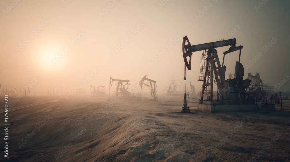 Naklejka premium Many oil pumps operate in a foggy, desolate landscape at sunrise.