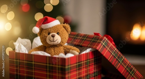 A teddy bear wearing a Santa hat sits inside an open plaid gift box with holiday lights and a fireplace in the background