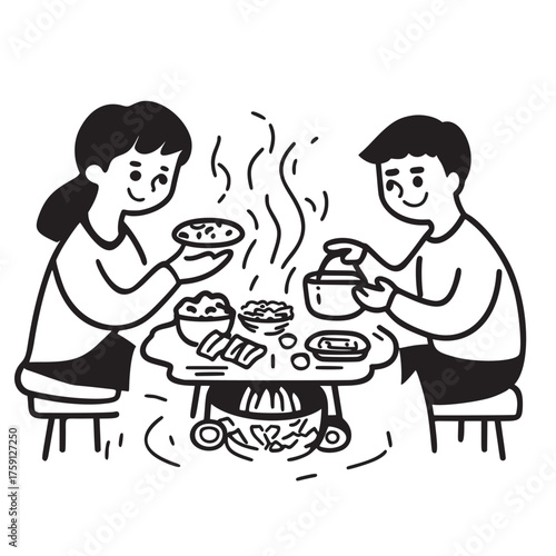 vector illustration outline line art of sharing meals prepared outdoors