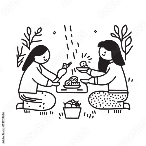 outline vector illustration in doodle style of sharing meals prepared outdoors