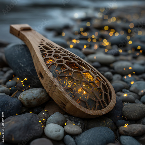 Illuminated Honeycomb Lantern on River Stones at Twilight
