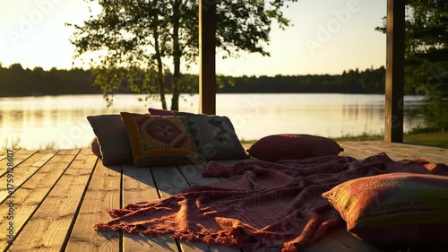 Wooden deck with cushions and blanket overlooking a serene lake and trees at sunset