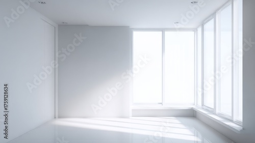 living. Minimalist living space with wooden floors and white walls, bathed in...