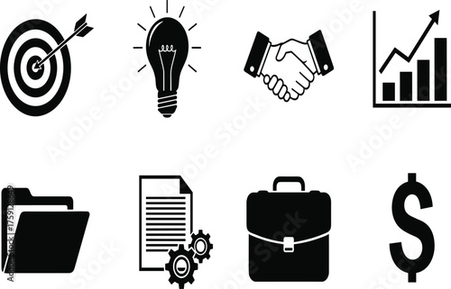 Business strategy icons, teamwork success, financial growth, innovation ideas, productivity tools, professional management, target achievement, planning progress, marketing analytics, profit 