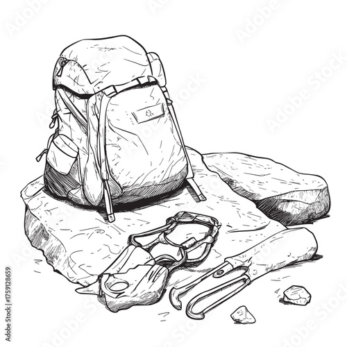 sketched outline cartoon vector illustration of climbing gear laid out on a rock