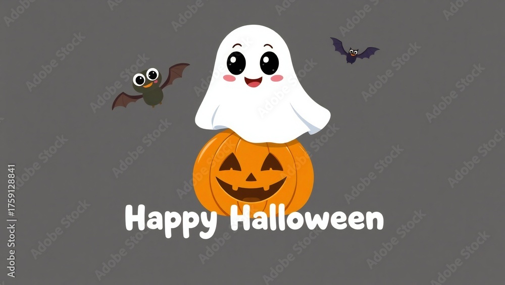 Obraz premium Cute cartoon ghost sitting on a happy pumpkin with bats and text