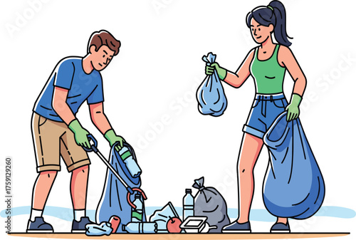 Community volunteers cleaning up the environment, picking up plastic waste, environmental conservation, eco-friendly efforts, teamwork, sustainable living, green initiative