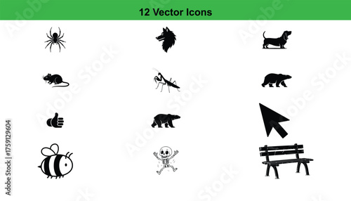 A grid of 12 distinct black silhouettes of animals, insects, and objects, all presented clearly on a plain white background.