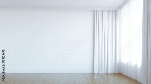Minimalist empty room featuring a large window, filled with soft ambient dayl...