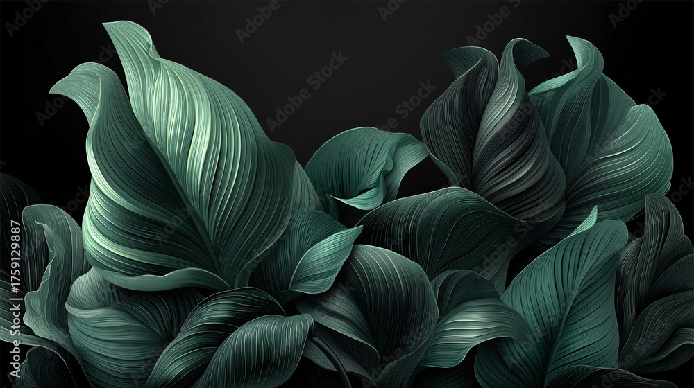 custom made wallpaper toronto digitalelephant ear leaf isolated on black, close-up of surface texture, deep green with light reflections, detailed botanical realism, copy space top left elephant ear, large leaf, green, black background, 