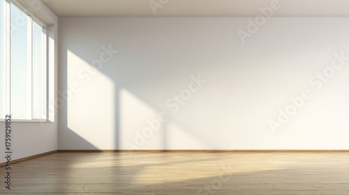 Minimalist empty room featuring a large window, filled with soft ambient dayl...