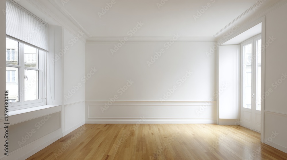 Fototapeta premium Minimalist empty room featuring a large window, filled with soft ambient daylight for a modern interior feel.
