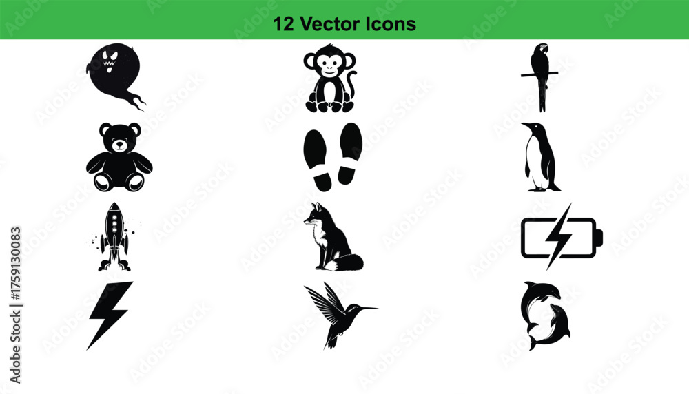 Naklejka premium A collection of twelve distinct silhouette icons, including animals, footprints, and a lightning bolt, presented on a clean white background.