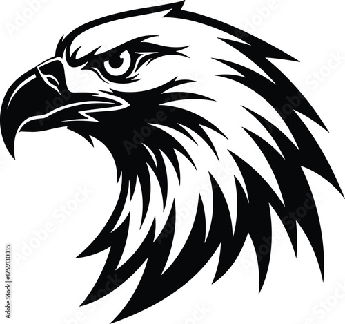 Eagle head vector illustration, bold bird graphic, fierce hawk silhouette, wild raptor art, patriotic animal logo, sharp beak design