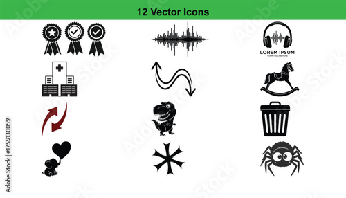 A collection of 12 diverse vector icons presented in a silhouette style, isolated on a clean white background.