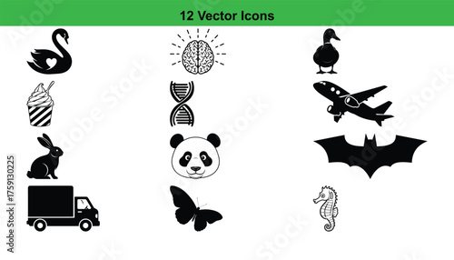 A collection of diverse silhouette vector icons, including animals, vehicles, and abstract shapes, all presented isolated on a clean white background.