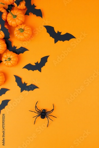Halloween decorations with pumpkins bats and spider on orange background