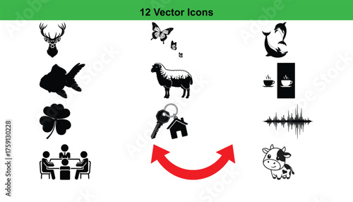 A collection of diverse black silhouette vector icons, including animals, people, and symbols, presented on a clean white background.
