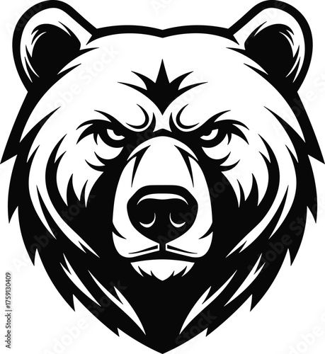 Fierce bear head illustration, wildlife logo design, strong animal symbol, grizzly bear vector art, wild nature mascot icon, aggressive