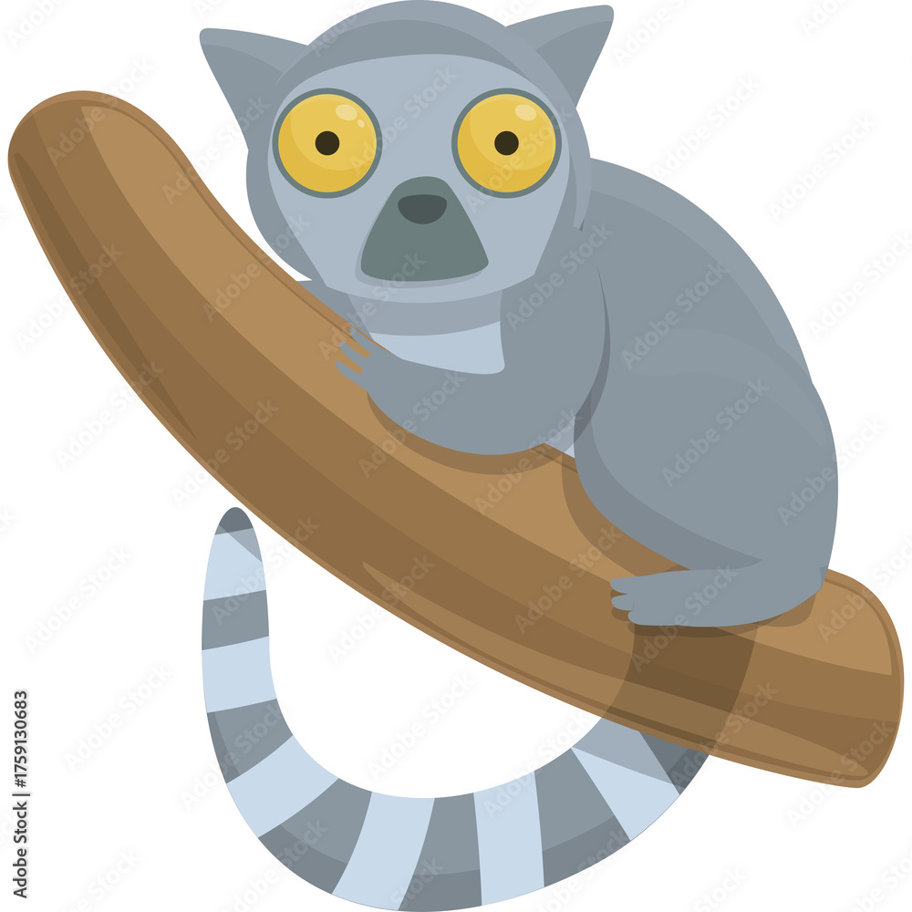 Fototapeta premium Cute Ring Tailed Lemur Perched on a Tree Branch with Big Yellow Eyes and Striped Tail in a Simple Flat Vector Illustration Style on a Transparent Background
