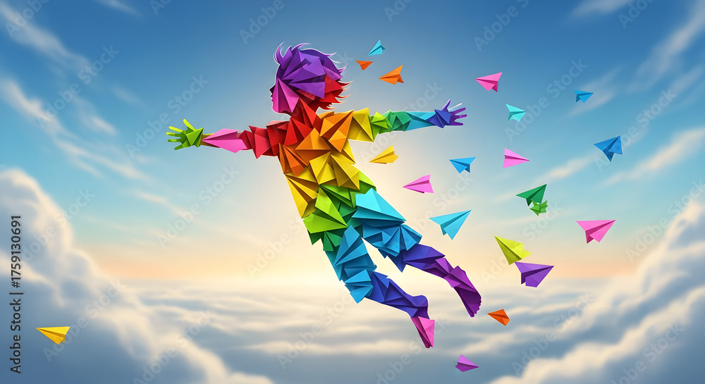 Obraz premium Colorful Child Soaring Through Clouds with Paper Airplanes Symbol of Freedom and Dreams