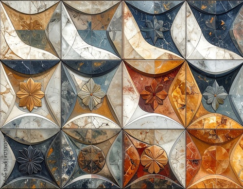 A tiled, geometric surface with repeating patterns featuring marble-like textures and raised floral embellishments in various colors