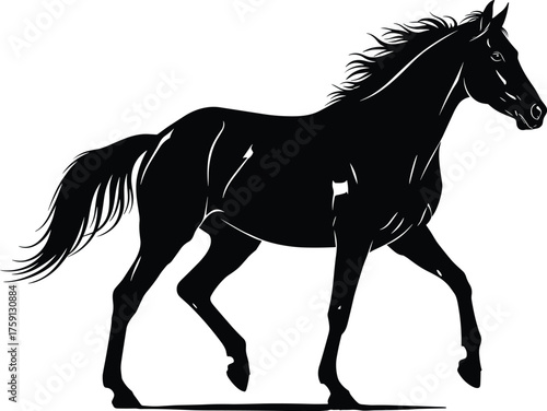 Graceful horse running silhouette, powerful animal, wild nature symbol, elegant equine figure, dynamic movement, black horse illustration, freedom, strength, speed, wild spirit, equestrian icon