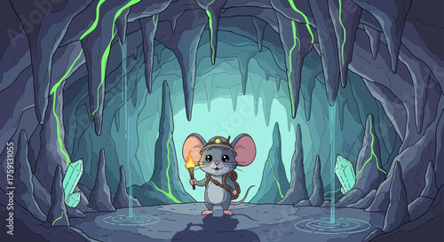 Mouse explorer holding a torch in a crystal cave navigating with glowing crystals ideal for childrens book illustrations and fantasy games.