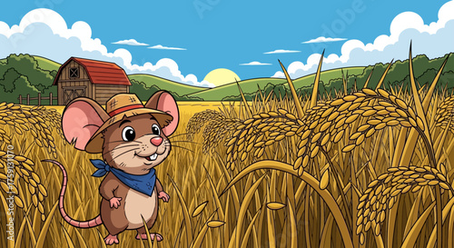 Mouse farmer in a rice field with barn rural scene depicting harvest time and agriculture ideal for childrens books and farm-themed illustrations