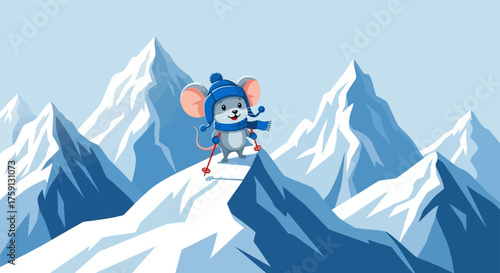 Mouse skiing in the mountains a cute cartoon character wearing a winter hat and scarf skis down a snowy peak illustrating winter fun and adventure.