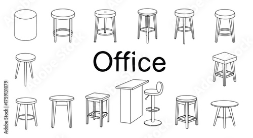 office furniture collection showcasing various stool designs and a bar setup for ergonomic workspaces promoting modern interior design and home office aesthetics.