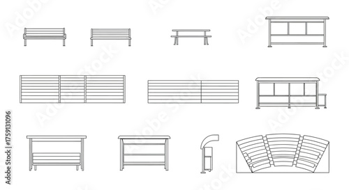 outdoor furniture plan benches fences bus shelters and curved seating arrangement for architectural and urban design projects detail drawings