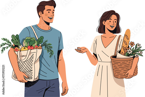 Happy young couple shopping at local market with eco bags, fresh vegetables, organic food, sustainable lifestyle, healthy eating, smiling together, outdoor activity