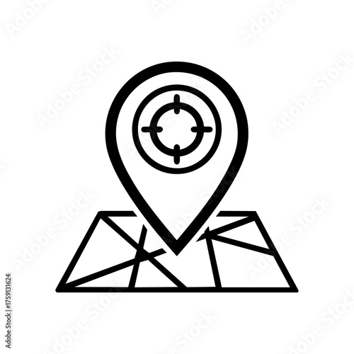 Vector art of targeted location pin icon on a map, representing navigation, destination, and search for a specific place