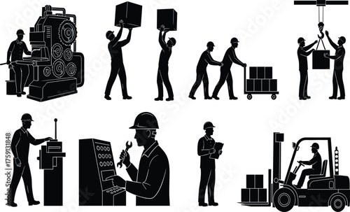 Industrial workers operating machines, lifting boxes, using forklifts, and managing factory logistics, teamwork in warehouse and manufacturing environment