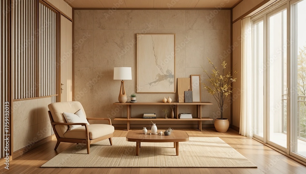 Fototapeta premium Warm-toned muji-style living room with an armchair and sparse vertical décor