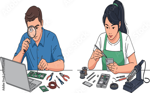 Man and woman repairing electronic circuit boards using soldering tools, teamwork in modern technology workshop, electronic device repair concept