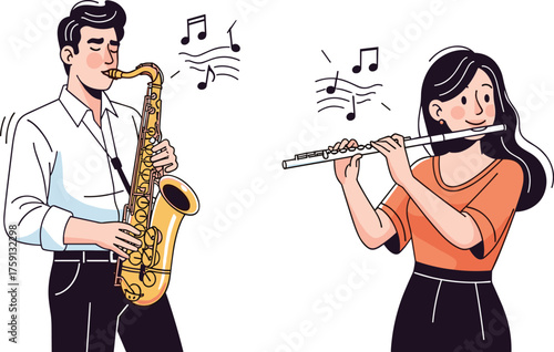 Man playing saxophone and woman playing flute, musical performance, duet harmony, music practice, creative art and live sound expression