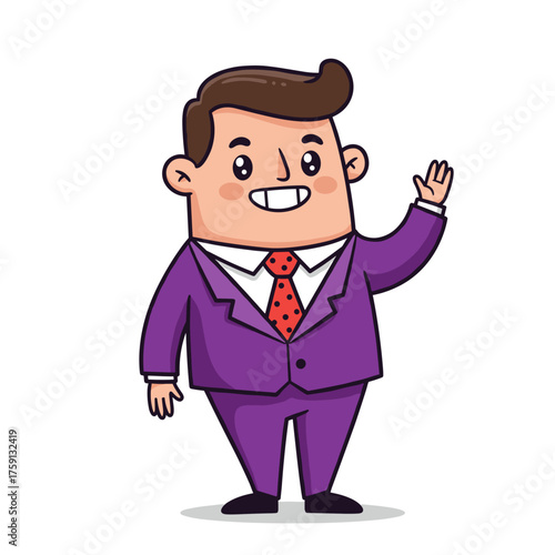 A cartoon illustration of a cheerful man in a purple suit and red polka-dot tie, smiling and waving hello.