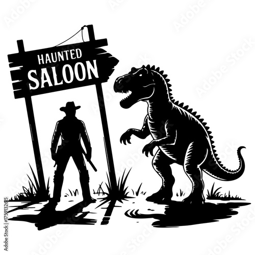Haunted Saloon Silhouette of Cowboy and Dinosaur by Old Western Sign