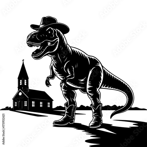Vector illustration of a T-Rex dinosaur in cowboy hat and boots, by a rural church, a humorous blend of prehistoric might and classic western style
