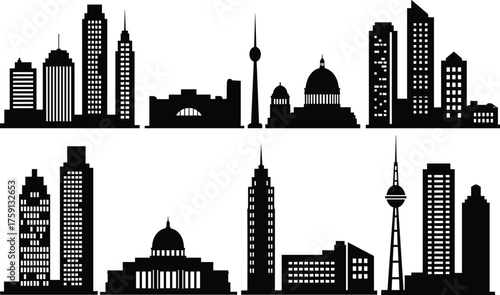 Modern city skyline silhouette collection, urban architecture design, skyscrapers, buildings, cityscape illustration, metropolitan background, skyline vector art, black and white