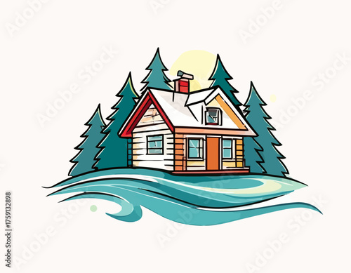 Cozy Red Cabin in Snow Vector Illustration - Winter Lodge Icon