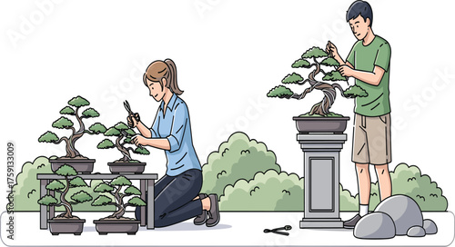 People practicing bonsai tree care, pruning miniature trees, outdoor gardening hobby, peaceful nature activity, cultivating patience, relaxing creative art.
